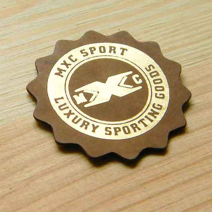 Label leatherette with gold lettering